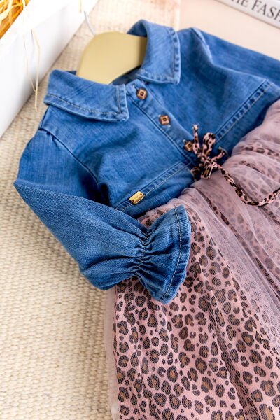 Denim Leopar Desenli 100% Pamuk Şık Özel Gün Kız Bebek Elbise PEMBE -  12-18 AY