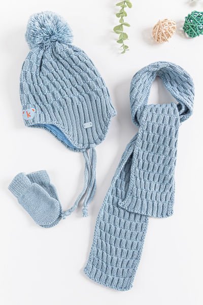 Ponponlu Kulaklıklı 0-18 Ay Erkek Bebek Atkı Bere Eldiven Takımı