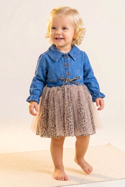 Denim Leopar Desenli 100% Pamuk Şık Özel Gün Kız Bebek Elbise BEJ -  9-12 AY