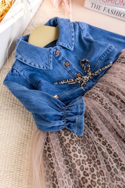 Denim Leopar Desenli 100% Pamuk Şık Özel Gün Kız Bebek Elbise BEJ -  9-12 AY