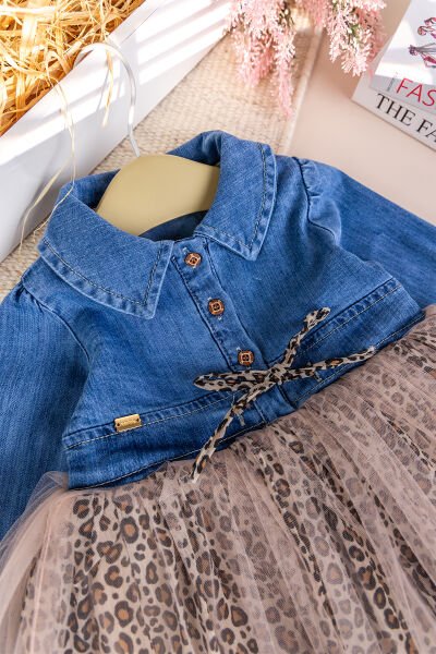 Denim Leopar Desenli 100% Pamuk Şık Özel Gün Kız Bebek Elbise BEJ -  9-12 AY