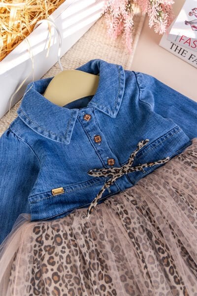 Denim Leopar Desenli 100% Pamuk Şık Özel Gün Kız Bebek Elbise BEJ -  12-18 AY