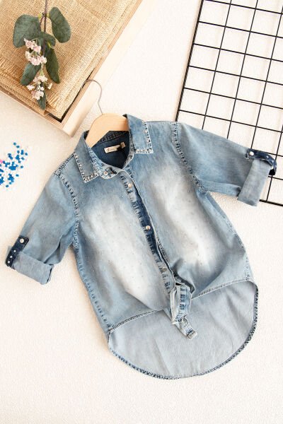 Denim Kumaş Taş İşlemeli Kız Çocuk Gömlek