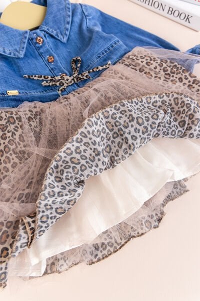 Denim Leopar Desenli 100% Pamuk Şık Özel Gün Kız Bebek Elbise BEJ - 18-24 AY