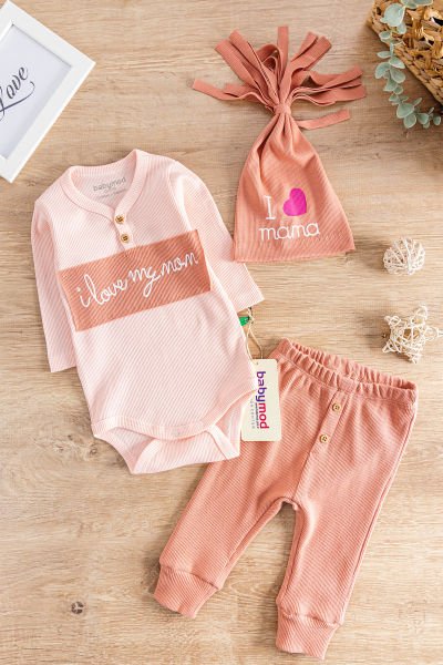 I Love Mom Baskılı Üç Parça Kız Bebek Takım SOMON - 3-6 AY