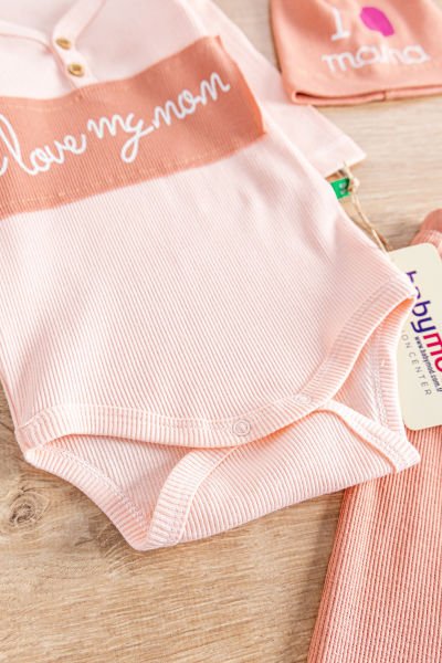 I Love Mom Baskılı Üç Parça Kız Bebek Takım SOMON - 3-6 AY