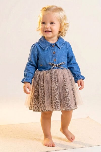 Denim Leopar Desenli 100% Pamuk Şık Özel Gün Kız Bebek Elbise BEJ - 2-3 Yaş