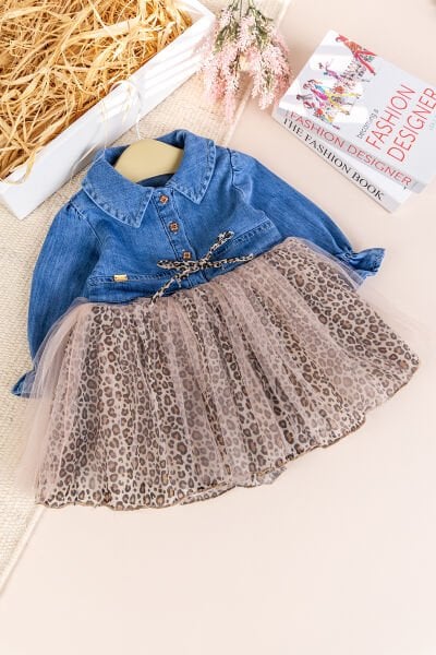 Denim Leopar Desenli 100% Pamuk Şık Özel Gün Kız Bebek Elbise BEJ - 2-3 Yaş