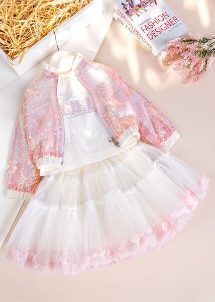 Payetli Tütü Etekli 3'lü Kız Çocuk Takım Set