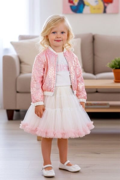 Payetli Tütü Etekli 3'lü Kız Çocuk Takım Set