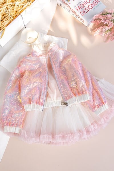 Payetli Tütü Etekli 3'lü Kız Çocuk Takım Set