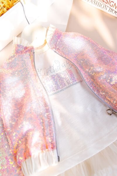 Payetli Tütü Etekli 3'lü Kız Çocuk Takım Set