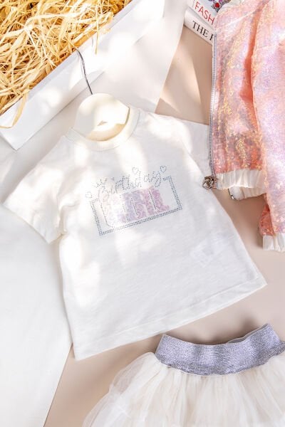 Payetli Tütü Etekli 3'lü Kız Çocuk Takım Set