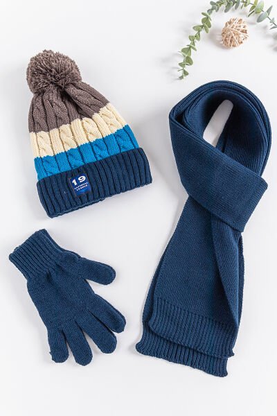 Ponponlu Saç Örgüsü Desenli 9-15 Yaş Erkek Çocuk Atkı Bere Eldiven Takımı