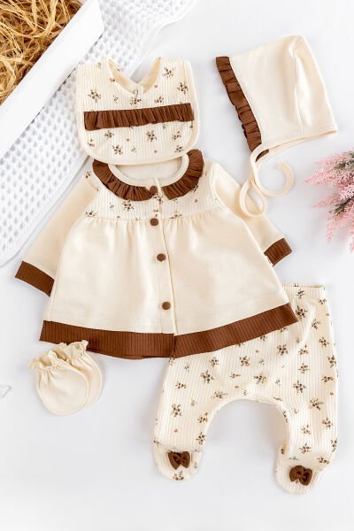 Fırfır Yakalı Önden Düğmeli Çicekli Kız Bebek 5 Parca Hastane Çıkışı Bebek Takımı Kahve  -  0-3 AY