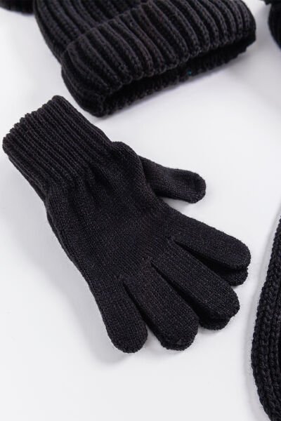 Ponponlu 9-15 Yaş Kız Çocuk Atkı Bere Eldiven Takımı SİYAH - 9-15 Yaş