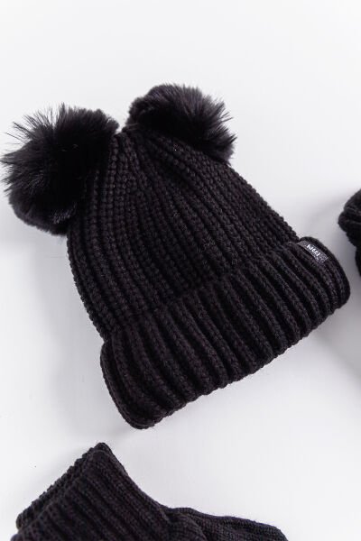 Ponponlu 9-15 Yaş Kız Çocuk Atkı Bere Eldiven Takımı SİYAH - 9-15 Yaş