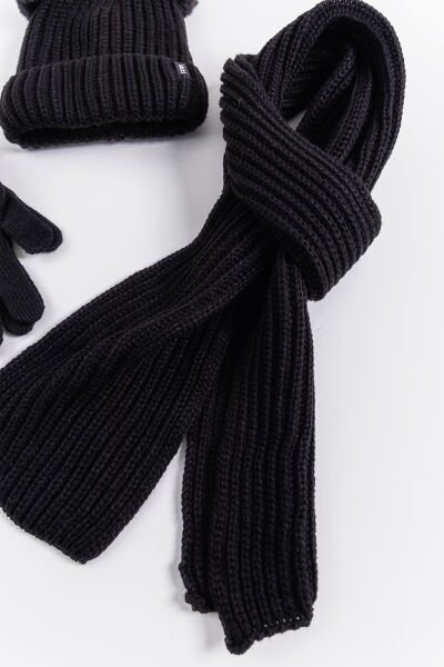 Ponponlu 9-15 Yaş Kız Çocuk Atkı Bere Eldiven Takımı SİYAH - 9-15 Yaş