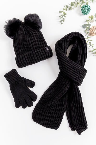 Ponponlu 9-15 Yaş Kız Çocuk Atkı Bere Eldiven Takımı SİYAH - 9-15 Yaş