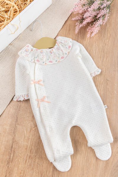 Fırfır Yakalı Çiçekli Patikli Kız Bebek Tulum KREM - Yeni Doğan