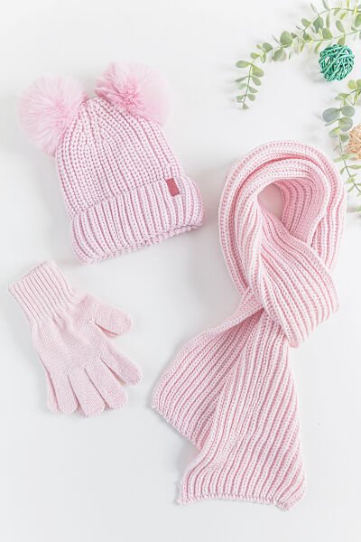 Ponponlu 9-15 Yaş Kız Çocuk Atkı Bere Eldiven Takımı PEMBE - 9-15 Yaş