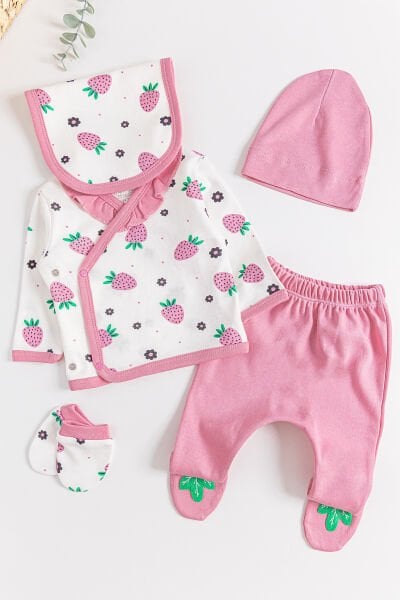 Çilek Baskılı 5 Parça Kız Bebek Hastane Çıkışı Bebek Takımı