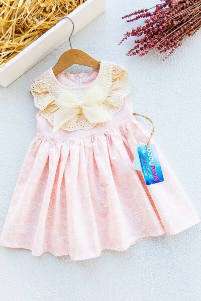 Güpürlü Yakalı Fiyonklu Kız Çocuk Elbise