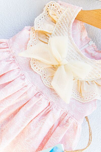 Güpürlü Yakalı Fiyonklu Kız Çocuk Elbise