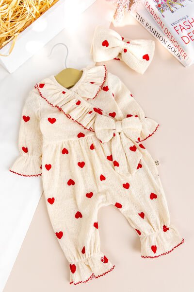 Kalp Desenli Fiyoklu 100% Pamuk Bandanalı Kız Bebek Tulum