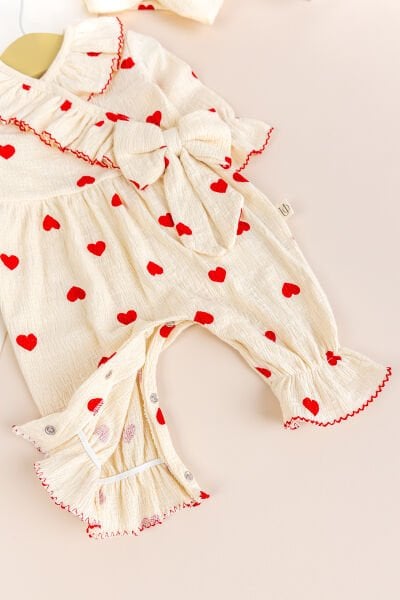 Kalp Desenli Fiyoklu 100% Pamuk Bandanalı Kız Bebek Tulum