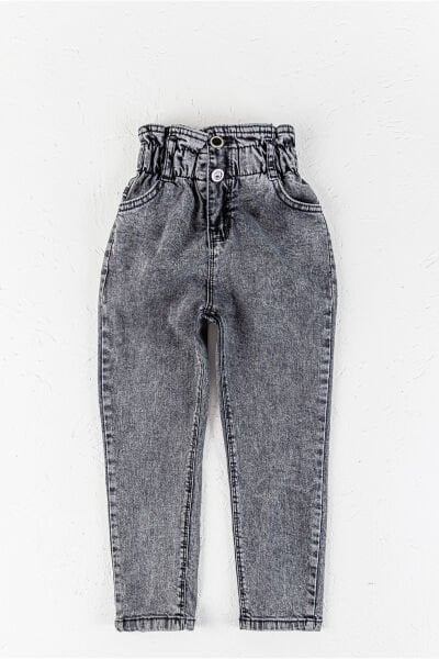 Yüksek Bel Kız Çocuk Kot Pantolon Çocuk Jean Füme - 7 Yaş
