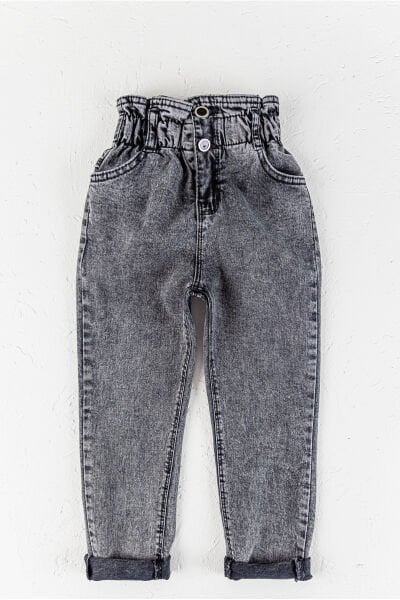 Yüksek Bel Kız Çocuk Kot Pantolon Çocuk Jean Füme - 7 Yaş