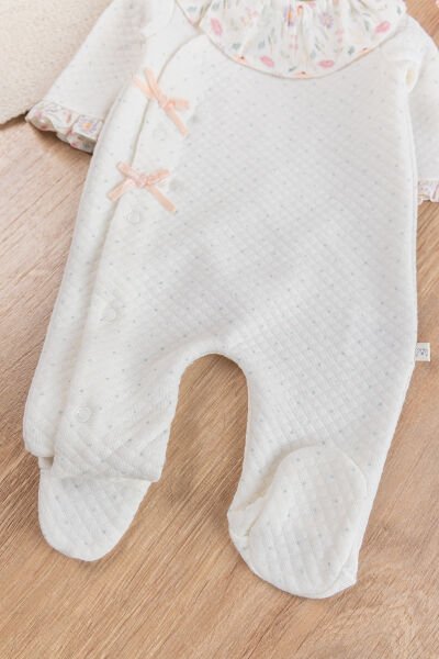 Fırfır Yakalı Çiçekli Patikli Kız Bebek Tulum KREM - 9 Ay