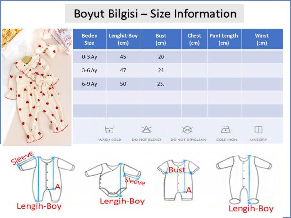 Kalp Desenli Fiyoklu 100% Pamuk Bandanalı Kız Bebek Tulum KIRMIZI -  6-9 AY