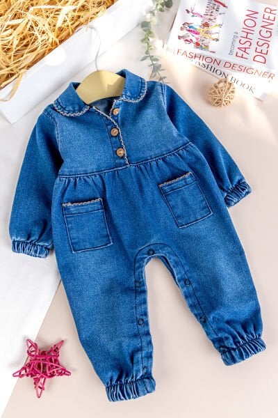 Bebe Yaka Denim Cep Detaylı Kız Bebek Kot Tulum