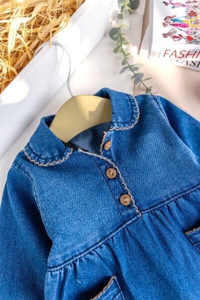 Bebe Yaka Denim Cep Detaylı Kız Bebek Kot Tulum