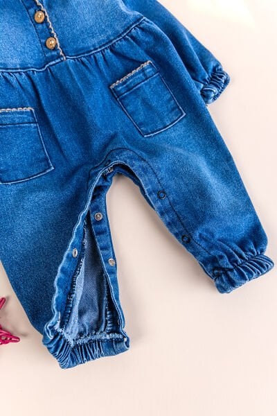 Bebe Yaka Denim Cep Detaylı Kız Bebek Kot Tulum