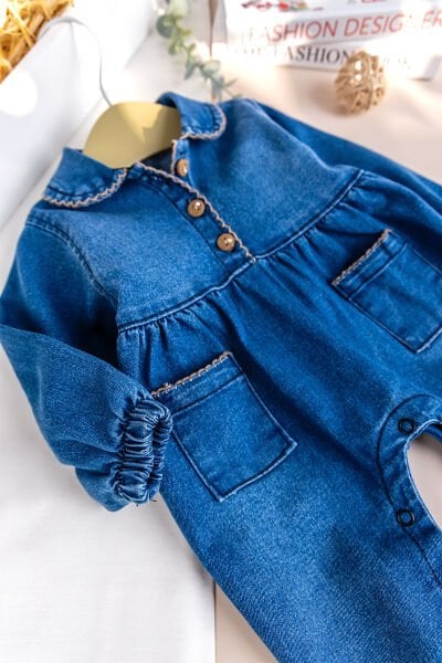 Bebe Yaka Denim Cep Detaylı Kız Bebek Kot Tulum