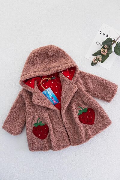 Çilek Figürlü Kapüşonlu Kız Bebek Peluş Mont