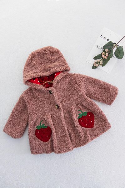 Çilek Figürlü Kapüşonlu Kız Bebek Peluş Mont