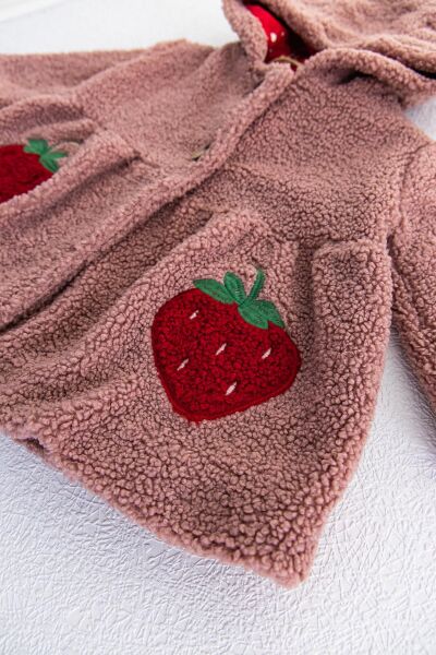 Çilek Figürlü Kapüşonlu Kız Bebek Peluş Mont