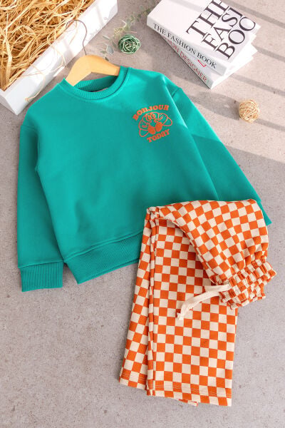 Erkek Çocuk Sweatshirt Turuncu Dama Desenli Pantolon İkili 3 İplik Altüst Takım