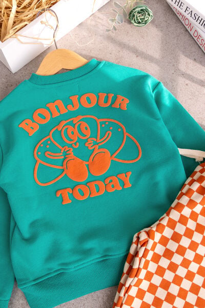 Erkek Çocuk Sweatshirt Turuncu Dama Desenli Pantolon İkili 3 İplik Altüst Takım