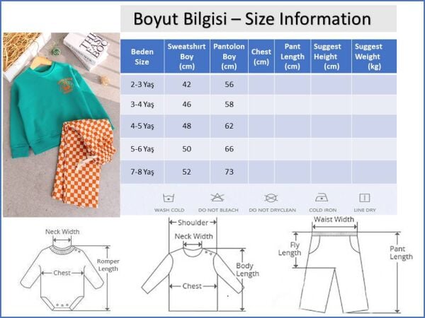Erkek Çocuk Sweatshirt Turuncu Dama Desenli Pantolon İkili 3 İplik Altüst Takım