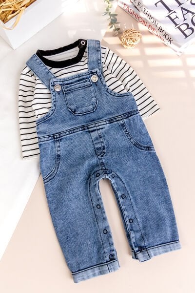 Erkek Bebek 2'li Denim Şık Kot Salopet Tulum Set