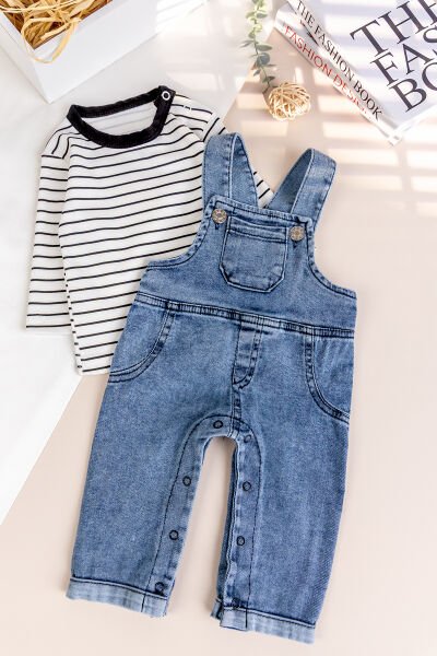 Erkek Bebek 2'li Denim Şık Kot Salopet Tulum Set