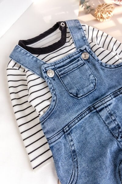 Erkek Bebek 2'li Denim Şık Kot Salopet Tulum Set