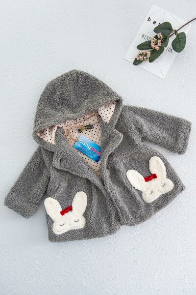 Tavşan Figürlü Kapüşonlu Kız Bebek Peluş Mont