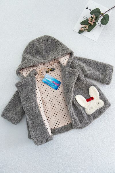 Tavşan Figürlü Kapüşonlu Kız Bebek Peluş Mont
