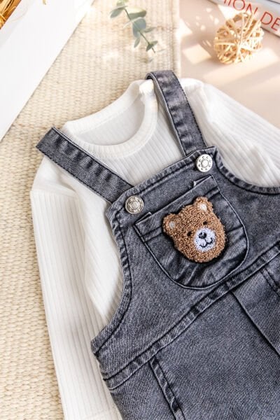 Ayıcık Fiğürlü Denim Erkek Bebek Kot Salopet Tulum